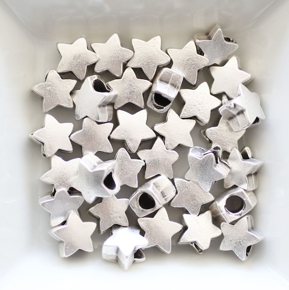 5pc star beads silver, slider beads, bracelet beads, silver spacer beds, necklace large hole beads, rondelle beads, metal star charms beads