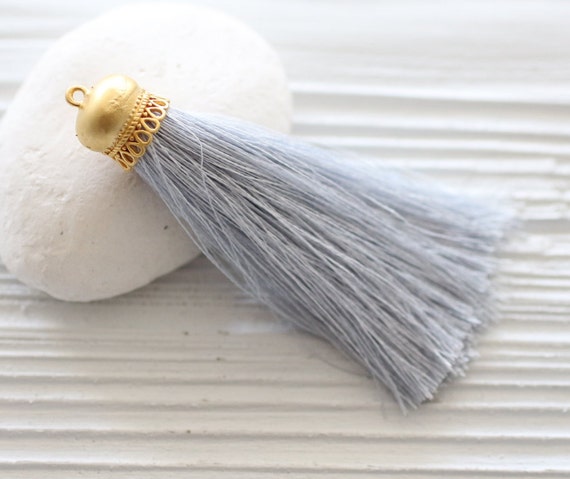 Light gray silk tassel, gold cap grey silk tassel, silver gray tassel pendant, mala tassel, jewelry tassels, necklace tassel, N12