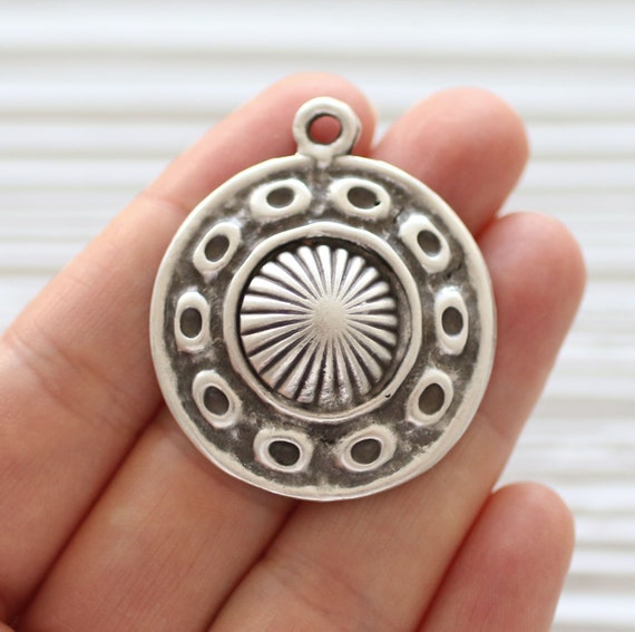 Dangle pendant silver, large round pendant, antique silver, spiral pendant, rustic pendant, tribal findings,hammered pendant, convex pendant