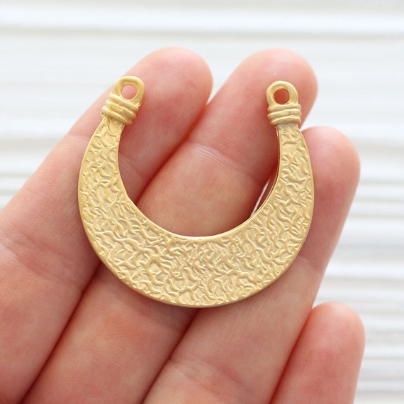 Hammered crescent pendant, tribal crescent, gold collar pendant, gold crescent, gold connector, crescent, metal collar, connector pendant
