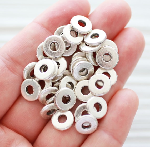 10pc heishi beads silver, rondelle beads, silver heishi, silver spacer  beads, disc beads, large hole beads, silver rondelle, round beads