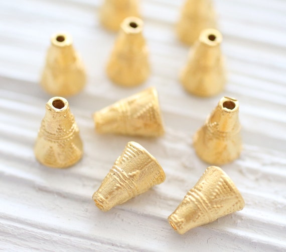 2pc gold bead caps, matte gold tassel cap, mini bead cones, end caps, gold cones, mini tassel cap, tribal tassel cap, hammered bead cap