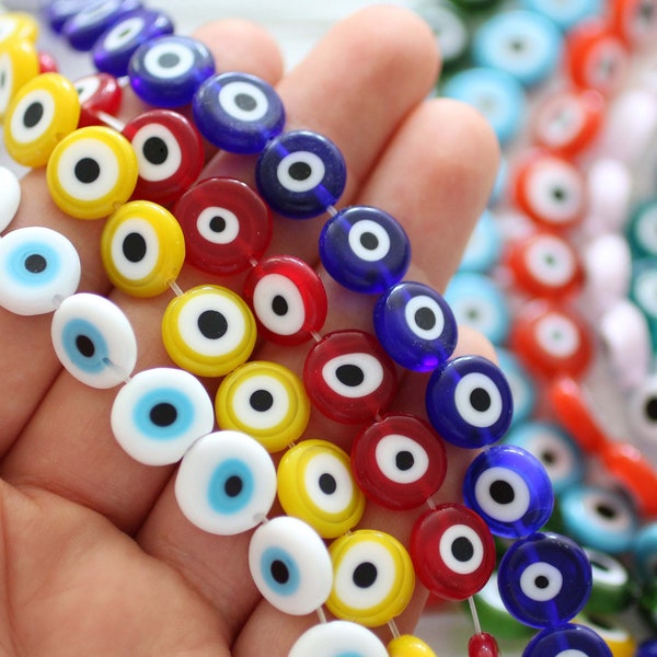 15", 30pc, 90pc, 12mm evil eye beads bulk, round evil eye beads on strand, flat glass beads, navy, white, green, red, DIY bracelet bead,EE12
