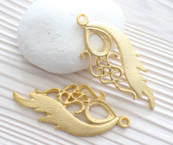 Gold filigree pendant, large bezel gold pendant, matte gold, filigree leaf pendant, filigree findings, gold pendant, open back bezel