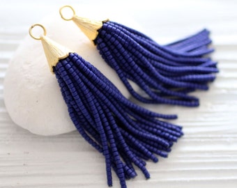 Navy beaded tassel, blue tassel pendant, tassel earrings, short blue bead tassel, necklace tassel, dark blue, tassel, gold cap tassel, N4