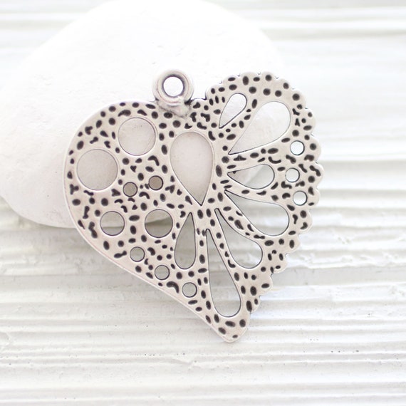 Heart pendant silver, filigree pendant, Valentines day gift, large silver pendant, love pendant, large hole pendant, heart findings