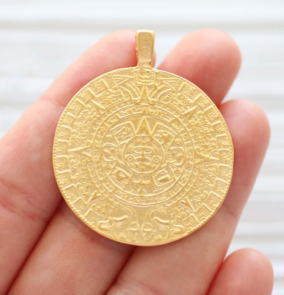 Round pendant gold, tribal pendant gold, large hole focal pendant, large medallion, spiral coin pendant, gold ancient dangle pendant