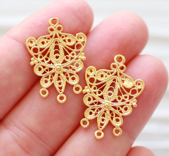 5pc chandelier earring findings, filigree earrings charms, necklace connector gold, multi strand jewelry connector, dangles