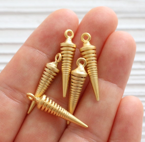 5pc gold spike pendant, gold stick charms, gold spike charms, large metal spike beads, spiral dagger, earrings dangles, rustic spikes