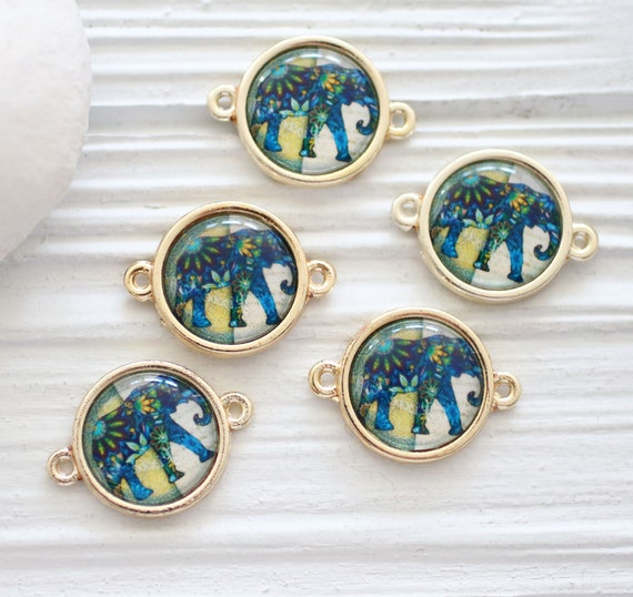 2pc blue elephant pendant connector, elephant charm, just dangles, earrings charm pendant, glass round connector, bracelet connector