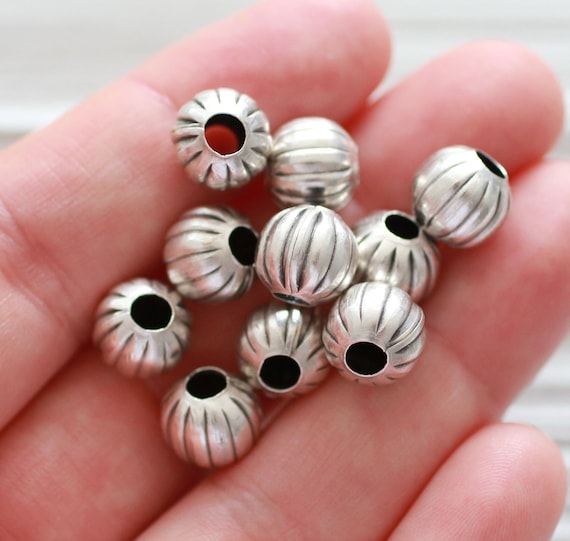 10pc ball beads silver, 10mm rondelle, metal round beads, textured beads, bracelet beads, large hole necklace beads, DIY jewelry beads