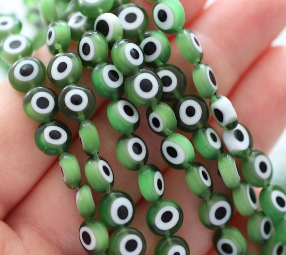 15", 46pc, 8mm green evil eye beads, lucky evil eye, DIY bracelet beads, round evil eye beads, flat evil eye glass beads, necklace beads,EE8