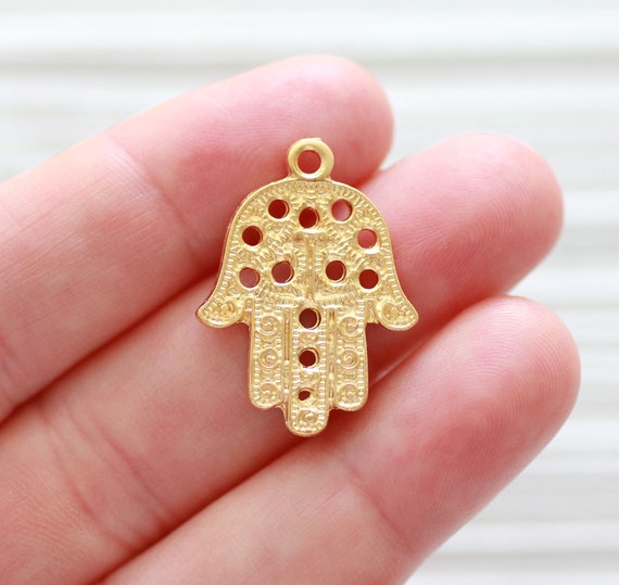 Hamsa charms gold, filigree Hamsa pendant for leather necklace, bracelet charms, hand of Fatima, gold filigree findings