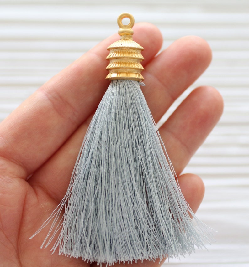 Light grey silk tassel with gold cap gray necklace tassel Etsy