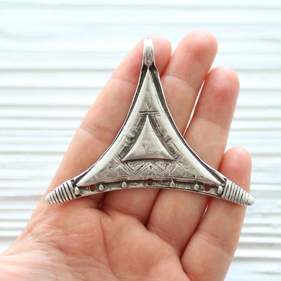 Large silver tribal pendant, silver medallion, silver multi strand connector, medallion, triangle pendant, rustic pendant, boho findings