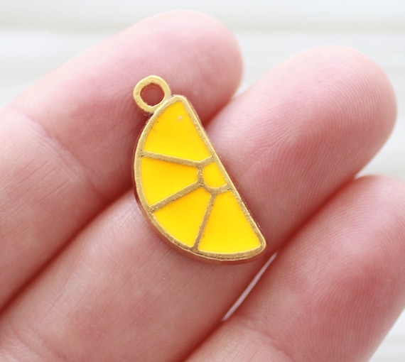 Lemon pendant, gold, Summer charms, necklace, bracelet, earrings charm, enamel fruit pendant, lemon charm