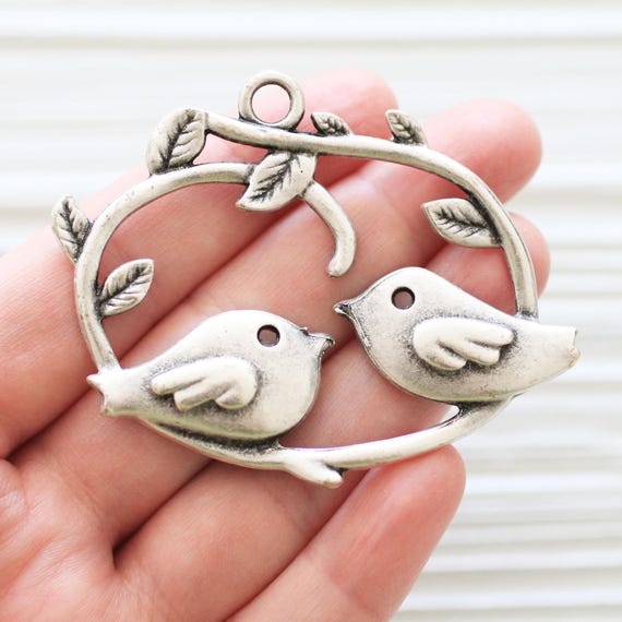 Silver Birds on Branch Pendant, Animal Jewelry Findings, Cut Out Charm