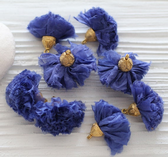 Cobalt blue sari silk pom pom tassel, royal blue silk tassel, tassel with cap, blue jewelry tassel, earrings necklace tassel dangle, N16