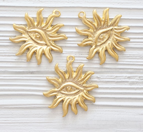 Ancient sun pendant with evil eye, sun pendant, celestial sun, sunburst charm, evil eye, celestial sun dangle pendant, earrings charm gold