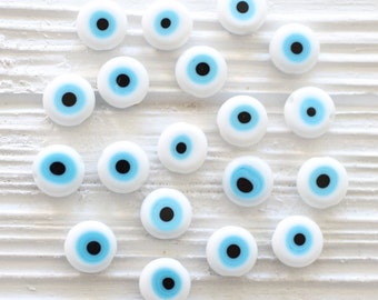 15", 36pc, 10mm white evil eye beads, flat glass beads, lamp work beads, white evil eye, glass beads, DIY bracelet round evil eye beads,EE10