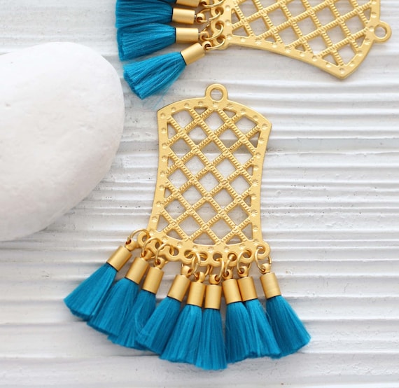 Filigree pendant with teal blue tassels, earring pendant dangle, tribal tassel pendant, earrings chandelier charm, filigree findings