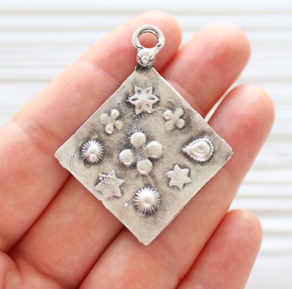 Square pendant with stars, large hole pendant, contemporary, hammered metal pendant, unique pendant, rustic pendant, necklace focal dangle