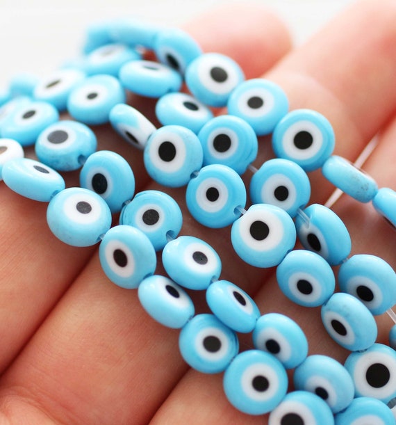 15", 46pc, 8mm turquoise blue evil eye beads, lucky evil eye, round evil eye beads, flat glass beads, lamp work beads, DIY bracelet bead,EE8