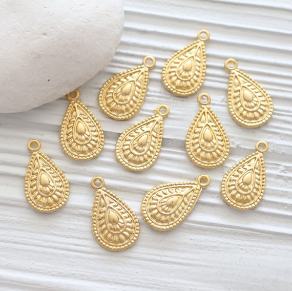 10pc tear drop charms, gold charms, oval drop charm pendant, earrings dangle charm, necklace charms gold, rustic tribal charms, hammered