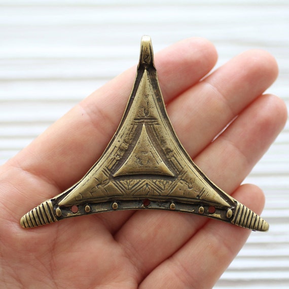 Large antique gold triangle pendant, medallion, multi strand connector, hammered, tribal pendant, rustic pendant, boho findings, big pendant