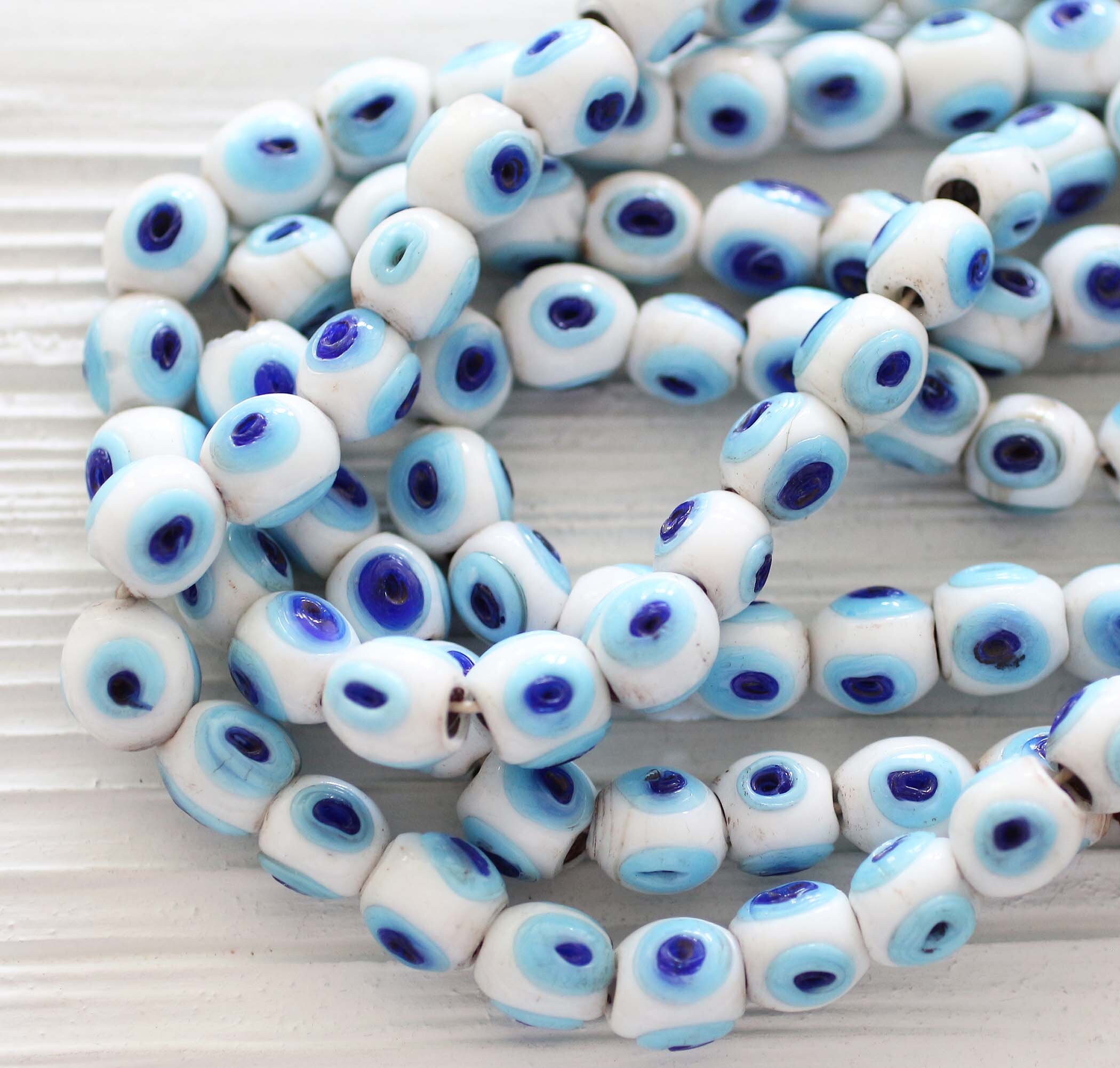 10 White Glass Evil Eye Beads, Chunky Rondelle Artisan Handmade Lucky –  LylaSupplies