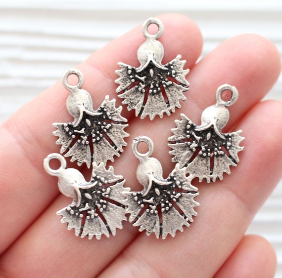 5pc flower charm silver, leaf earrings charms, large silver charms, large hole necklace charm, earrings dangle, hand fan charm, M