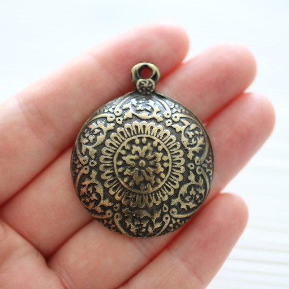 Antique gold round tribal pendant, rustic pendant, medallion, antique medallion, antique pendants, metal hammered pendant, large pendant