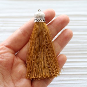 Silver cap golden yellow silk tassel, silk tassel pendant, yellow tassel, thick silk tassel, thread tassel, necklace tassel, mustard, N29 image 4