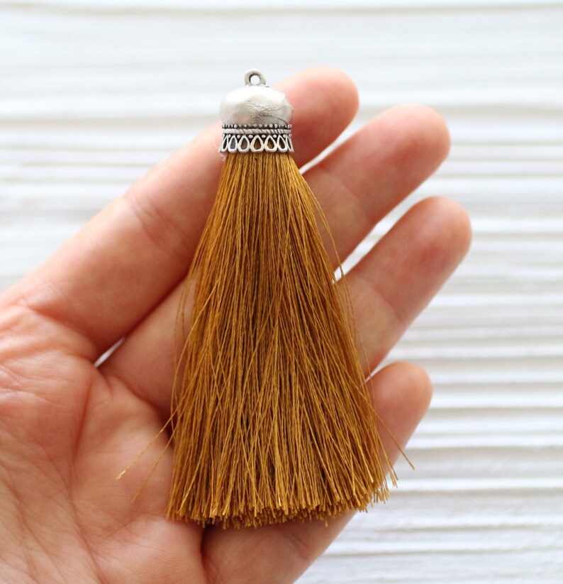 Silver cap golden yellow silk tassel, silk tassel pendant, yellow tassel, thick silk tassel, thread tassel, necklace tassel, mustard, N29 image 4