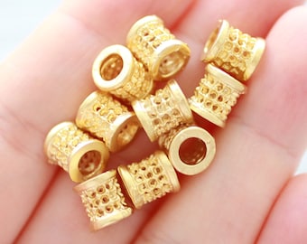 10pc gold barrel beads, bracelet beads, spacer slider beads, textured beads, hammered tube beads, large hole beads, rondelle, necklace beads