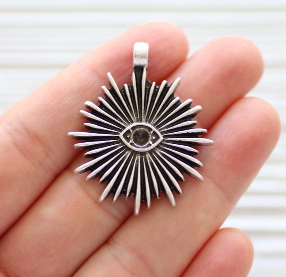 Sun pendant silver, spiral pendant, celestial pendant with evil eye, hammered pendant, tribal sun pendant, sunburst pendant, celestial sun