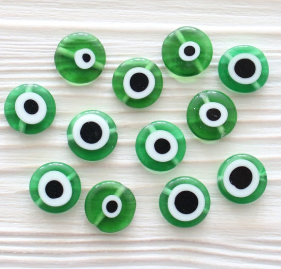 15", 30pc, 12mm green evil eye, emerald, round glass beads, lamp work beads, evil eye beads, DIY, flat glass beads, good luck beads, EE12