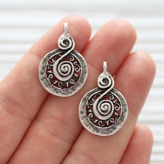 2pc spiral charm pendant, earrings dangle, tribal, earring charms, silver round charms, large pendant charms, dangle pendant, large hole