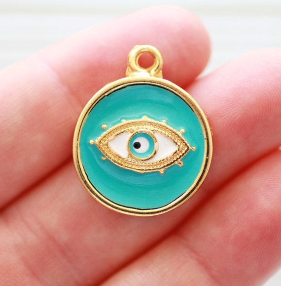 Evil eye pendant gold, turquoise, large bracelet charms, earrings dangle, round enamel evil eye, necklace dangle charm, evileye