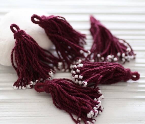 Plum tassel with white glass beads, mulberry, purple, red sangria, grape, earrings tassel, tassel pendant, necklace tassel, cotton blend,N21