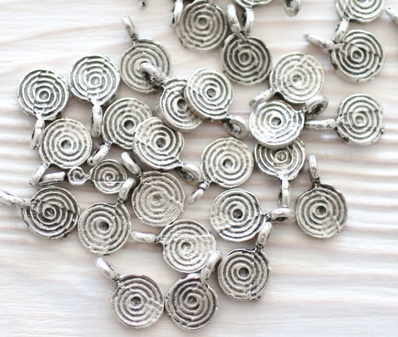 15pc silver disc beads, earring charms, disc charm, spiral beads, coin beads, metal charms, mini charms, silver coins, mini disc,coin charms