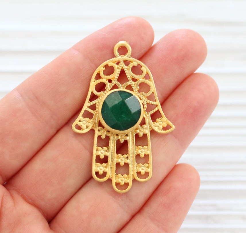 Gold filigree Hamsa pendant with gemstone, green jade pendant, gold ...