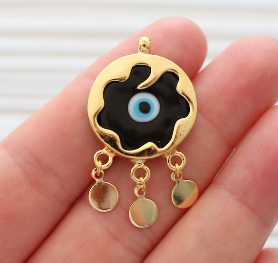 Black evil eye pendant, filigree evil eye pendant dangle, ornate, evil eye findings, gold bezel evil eye jewelry, earrings charms dangle