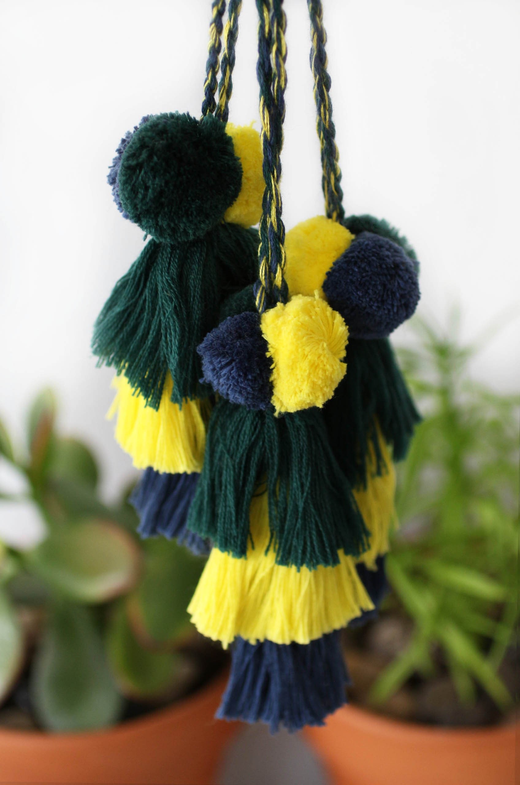 Green yellow pom pom tassel, purse charm, multicolor pom poms tassel