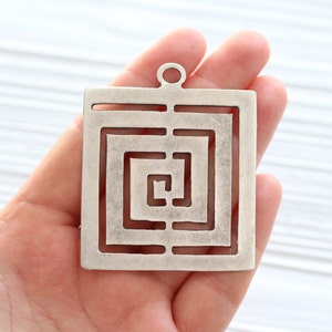 Square pendant silver, geometric pendant, spiral pendant, large pendants, unique pendant, rustic pendant, large metal pendant, square image 3