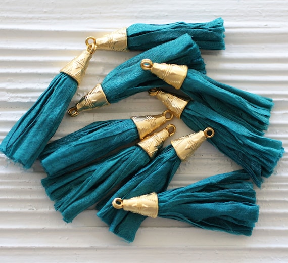 Teal sari silk tassel, bluish teal, short tassels, silk tassels, earrings tassel, tassel dangle, zipper tassel charm, purse charm, N1