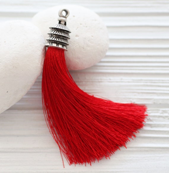 Silver cap red tassel, long silk tassel, tassel pendant, crimson tassel, jewelry tassels, decorative tassels, keychain, purse tassel, N27