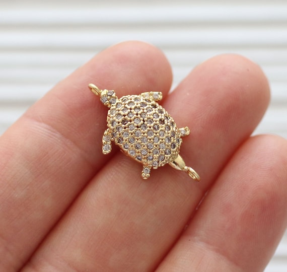 Turtle pave pendant, rhinestone pendant, pave connector, gold pave charms, necklace rhinestone unique findings, cz charms connector