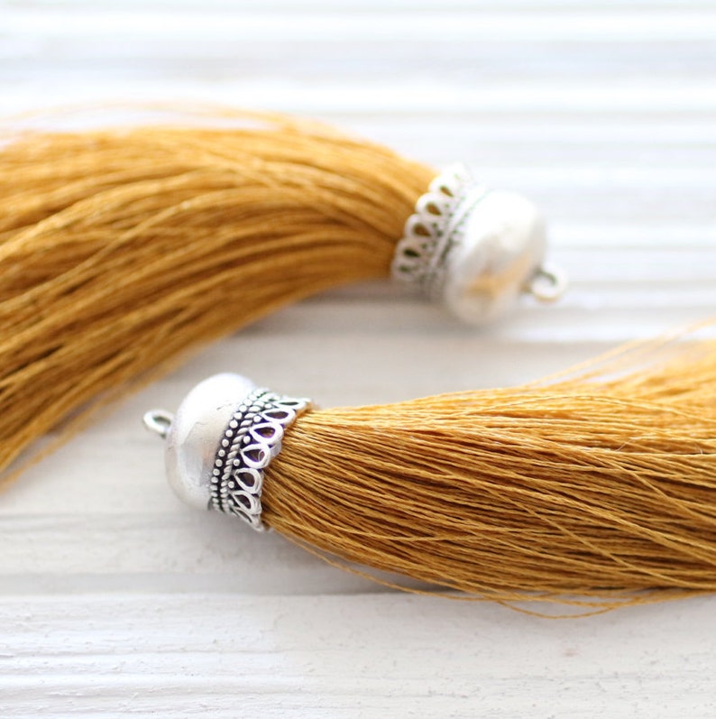 Silver cap golden yellow silk tassel, silk tassel pendant, yellow tassel, thick silk tassel, thread tassel, necklace tassel, mustard, N29 image 3