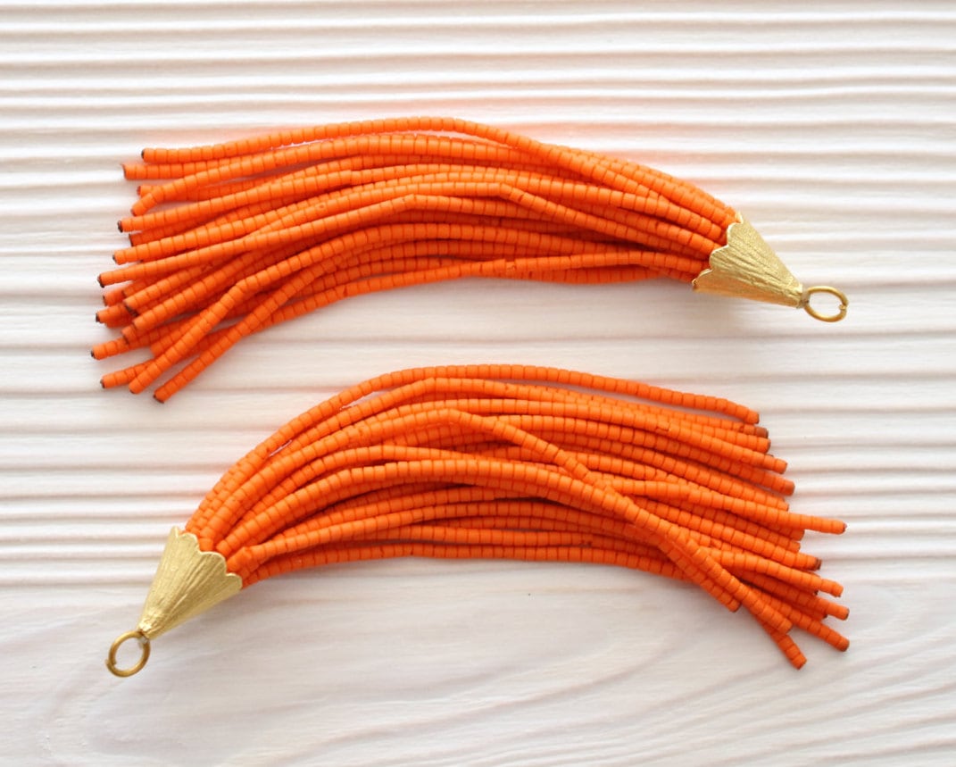 Orange Beaded Tassel Gold Cap Tassel Tassel Pendant Tassels For Jewelry Tribal Tassel